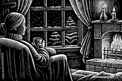 Cozy Winter Night with Fireplace, Candlelight, and Snowy Window Scene