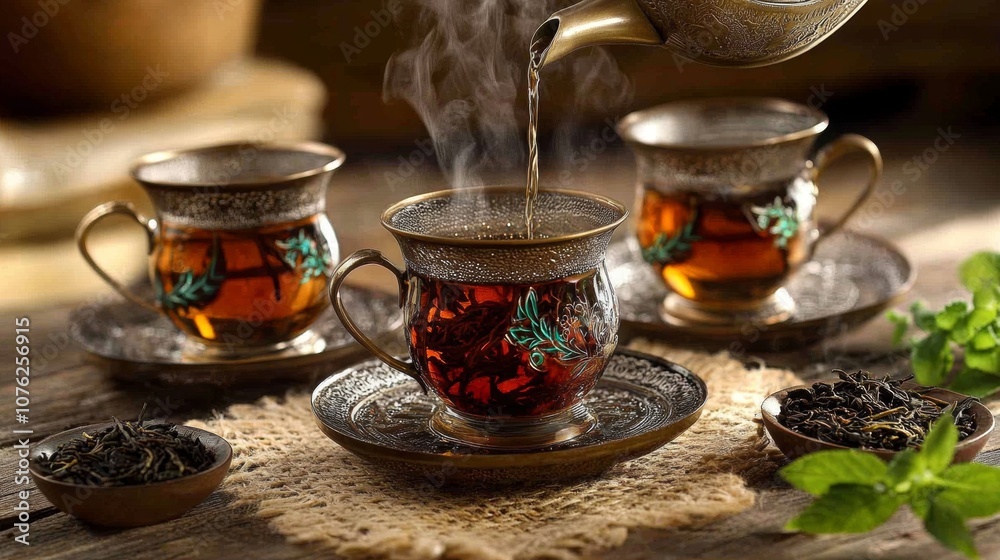 A steaming cup of black tea is being poured from a teapot filled with fresh tea leaves. This is a traditional Turkish way to brew hot tea. A steaming cup of black tea is being poured from a teapot filled with fresh tea leaves. This is a traditional Turkish way to brew hot tea.