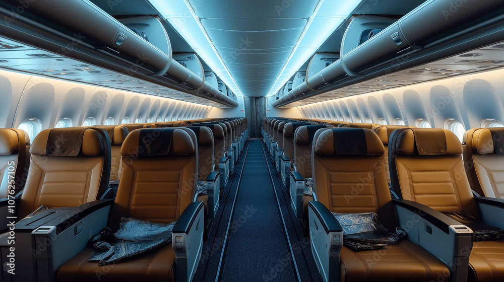Interior view of a modern airplane cabin with empty premium class leather seats and open overhead compartments. Interior view of a modern airplane cabin with empty premium class leather seats and open overhead compartments.