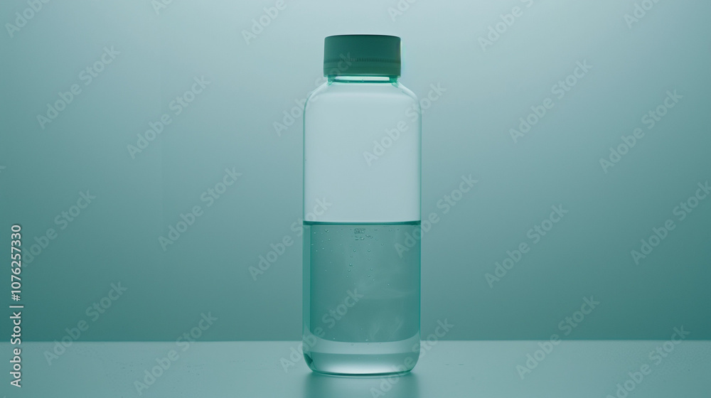 Clean modern water bottle with safety cap and half-filled with clear water on white background, symbolizing hydration and drinking safety, ample copy space for text overlay. Clean modern water bottle with safety cap and half-filled with clear water on white background, symbolizing hydration and drinking safety, ample copy space for text overlay.
