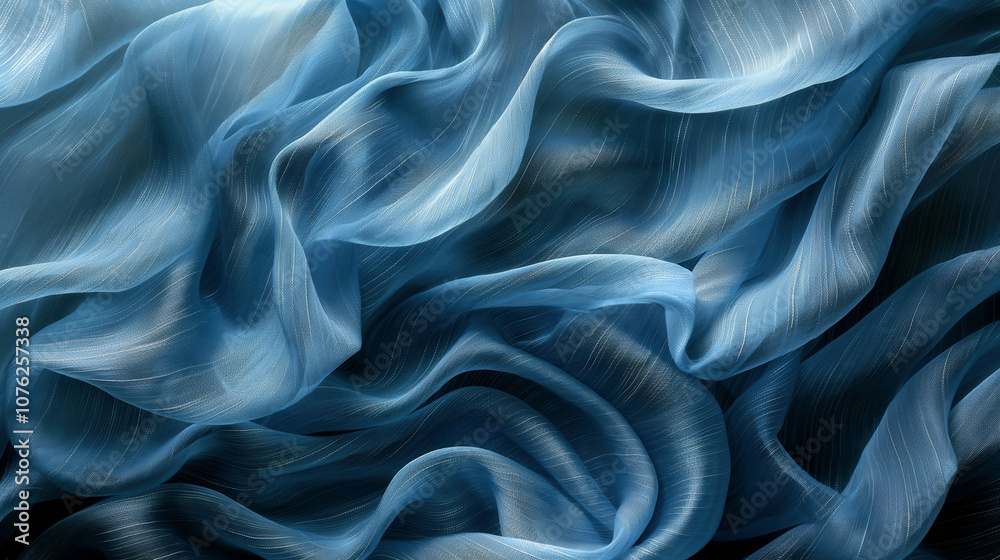 Obraz premium A blue fabric with a flowing, wavy texture. The fabric appears soft, sheer, and delicate