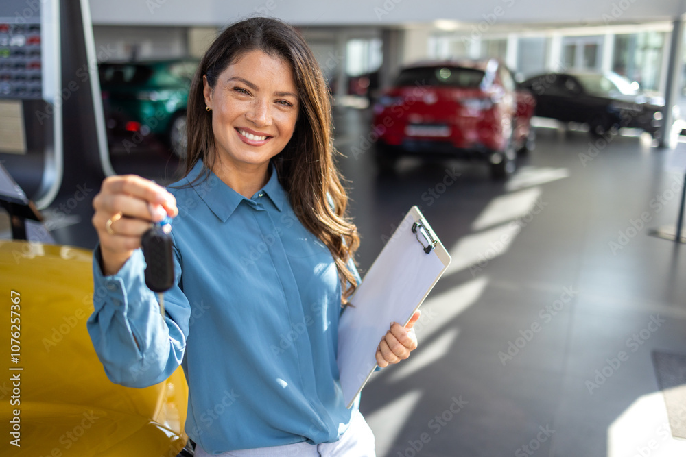 Happy Owner. Overjoyed Lady Holding Keys Of Her New Car After Buying, Cheerful Woman Standing Near Vehicle In Dealership Center And Raising Fist With Excitement, Copy Space Happy Owner. Overjoyed Lady Holding Keys Of Her New Car After Buying, Cheerful Woman Standing Near Vehicle In Dealership Center And Raising Fist With Excitement, Copy Space