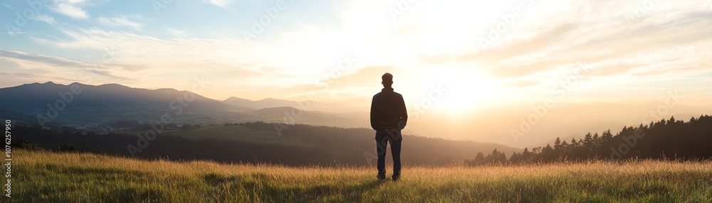 Person enjoying a serene sunrise in nature. Person enjoying a serene sunrise in nature.