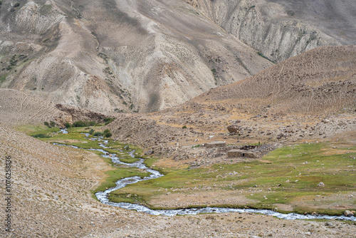 Barren high Pamir mountain landscape between Langar and Khargush, Ishkashim, Gorno-Badakhshan, Tajikistan photo