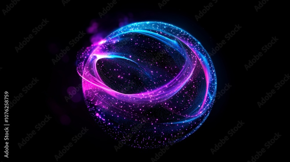 A swirling sphere, glowing with purple and blue energy, shimmers like a cosmic nebula. Tiny dots and particles create a magical, neon effect. A swirling sphere, glowing with purple and blue energy, shimmers like a cosmic nebula. Tiny dots and particles create a magical, neon effect.