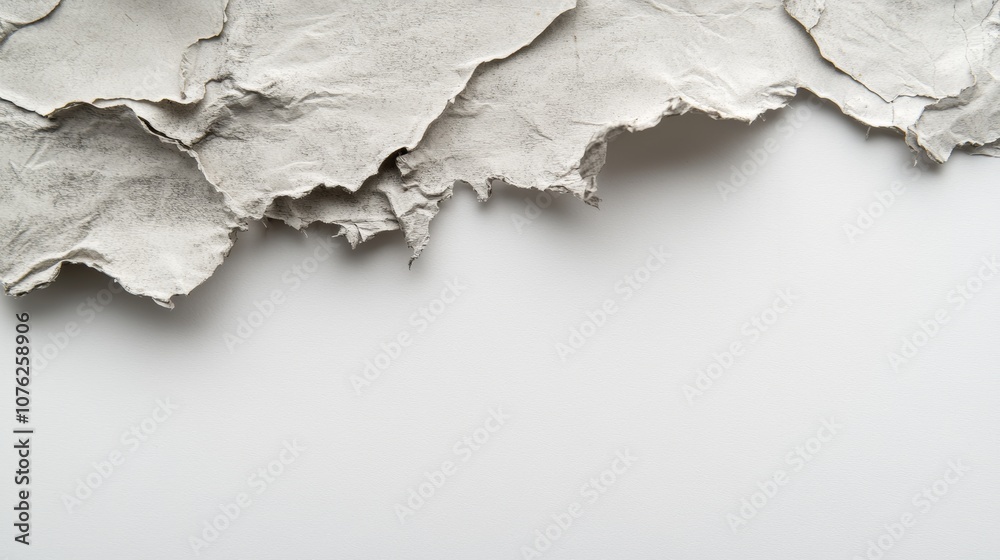 A textured white background made from recycled paper. On top is a piece of gray paper, looking like an old, worn page. There's a rough, wrinkled area where you could write something. A textured white background made from recycled paper. On top is a piece of gray paper, looking like an old, worn page. There's a rough, wrinkled area where you could write something.