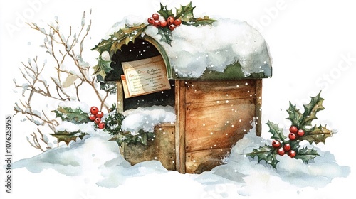 Cartolina di auguri con colori acquarello di una cassetta postale con lettera a Babbo Natale, coperta di neve e agrifoglio. Isolata su sfondo bianco trasparente photo