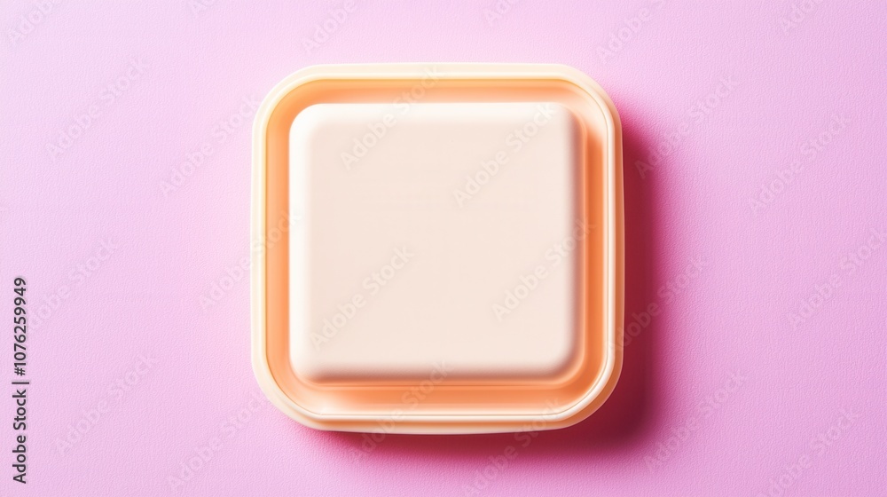 Mock-up concept for minimalist food packaging tray. An illustration of minimalist square container with a soft pastel orange rim, resting on a light pink surface, showcasing a clean and simple design Mock-up concept for minimalist food packaging tray. An illustration of minimalist square container with a soft pastel orange rim, resting on a light pink surface, showcasing a clean and simple design