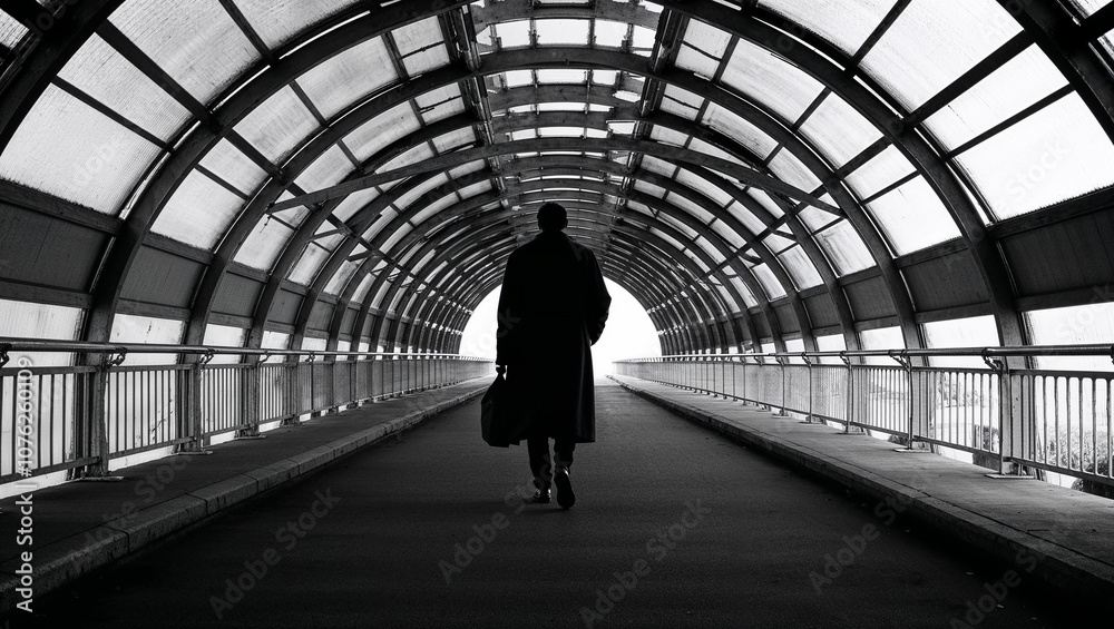 Lone Figure Walking in Symmetrical Tunnel with Light Contrast Lone Figure Walking in Symmetrical Tunnel with Light Contrast