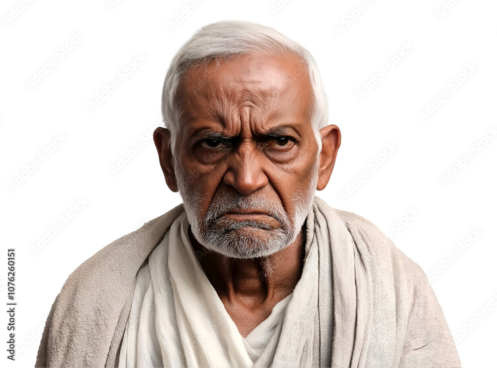 Portrait of an elderly Indian man with serious expression wearing traditional attire, isolated on transparent background, PNG Portrait of an elderly Indian man with serious expression wearing traditional attire, isolated on transparent background, PNG