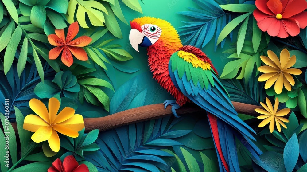 Obraz premium Vibrant Scarlet Macaw Perched Among Lush Tropical Foliage with Colorful Flowers and Leaves in a Stunning Nature Scene