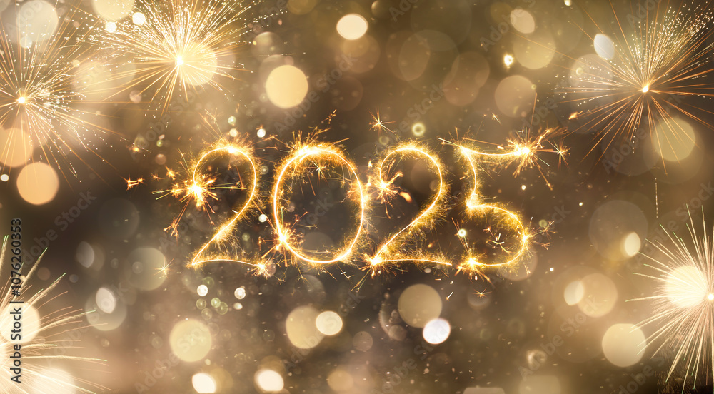 Fototapeta premium Happy New Year 2025 - Golden Sparkler Numbers And Fireworks In Glowing Sparkling Background - Holiday Billboard With Creative Text