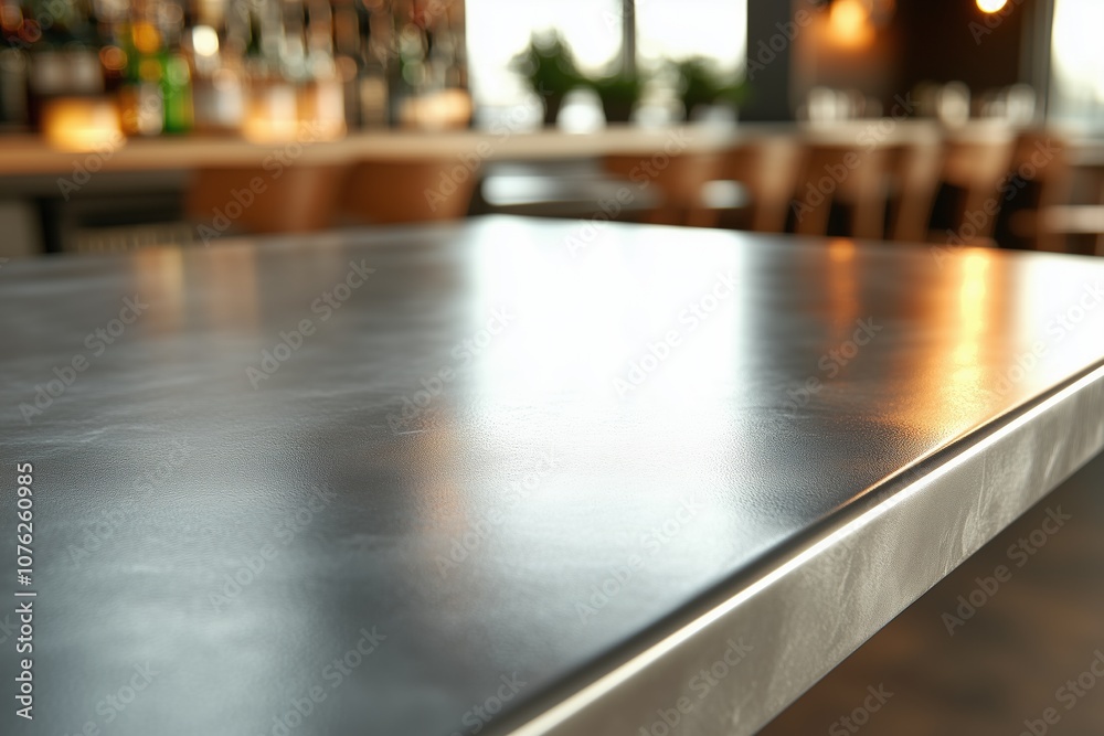 Shiny metal tabletop in a modern bar with warm ambient lighting. Product placement Shiny metal tabletop in a modern bar with warm ambient lighting. Product placement