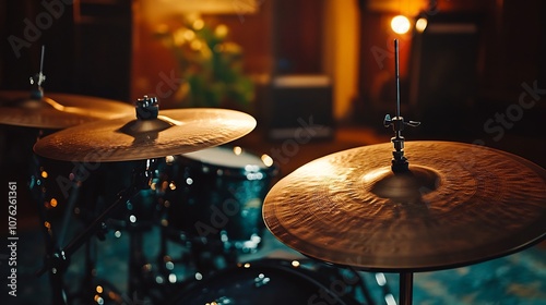 Close-Up of a Drum Set with Cymbals in a Dimly Lit Studio