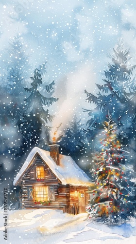 A cozy winter cabin adorned with twinkling Christmas lights, nestled among snow-covered trees, exuding warmth through softly glowing windows amidst a peaceful snowfall