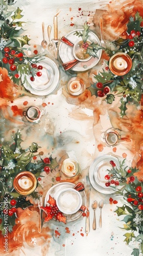 A festive holiday table set for a Christmas dinner with candles and holly, beautifully illustrated in warm watercolor tones from a top-down perspective