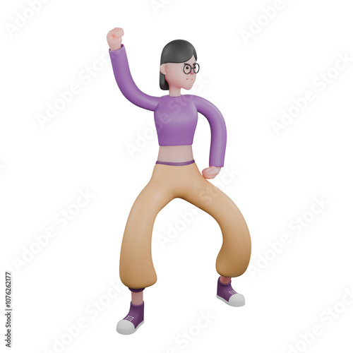 3D Model of Dancer. A female dancer stands with her legs apart and turns to the left, then raises her right hand while holding it and holds her left hand at her waist. Animated Character