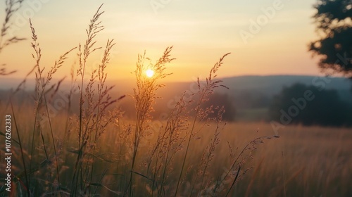 A field of grass with a sun in the background. The sun is setting and the grass is tall