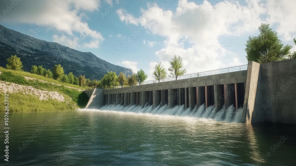 A dam with a hydroelectric power plant, generating renewable energy from water flow and supporting clean energy initiatives A dam with a hydroelectric power plant, generating renewable energy from water flow and supporting clean energy initiatives