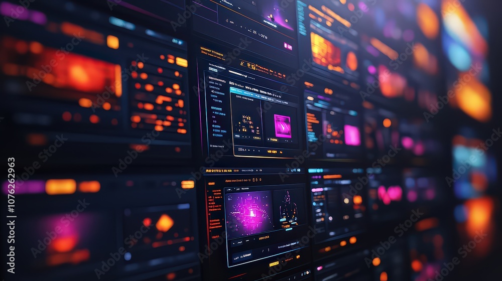 Wall of digital screens displaying colorful data and graphics, symbolizing high-tech information tracking, analysis, and modern data management. Wall of digital screens displaying colorful data and graphics, symbolizing high-tech information tracking, analysis, and modern data management.