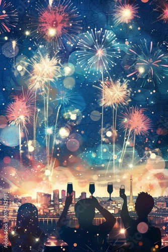 A vibrant watercolor illustration of a festive New Year's Eve celebration with dazzling fireworks, a sparkling cityscape, and joyful people toasting with champagne