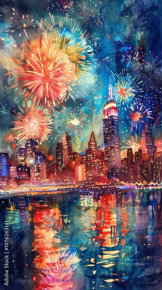 Obraz premium A vibrant watercolor illustration capturing a festive New Year's Eve fireworks display over a bustling city skyline, with colorful lights reflecting on the river and crowds joyfully celebrating