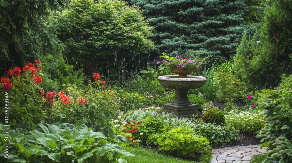 Stone Fountain in a Lush, Multi-colored Garden Stone Fountain in a Lush, Multi-colored Garden