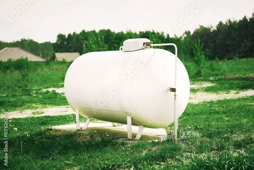 White propane tank in a grassy field powers a rural home, symbolizing independence and sustainability photo