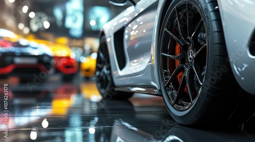 A black car with a shiny wheel is parked in a showroom. The car is surrounded by other cars