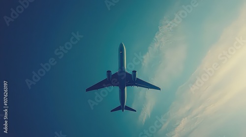  Distant plane crossing bright blue sky with straight contrail fading gently as it stretches back.