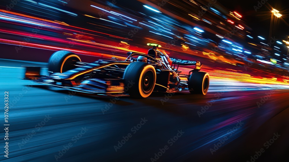 Nighttime Formula 1 race under stadium lights, with cars reflecting neon colors as they speed down the straightaway. Nighttime Formula 1 race under stadium lights, with cars reflecting neon colors as they speed down the straightaway.