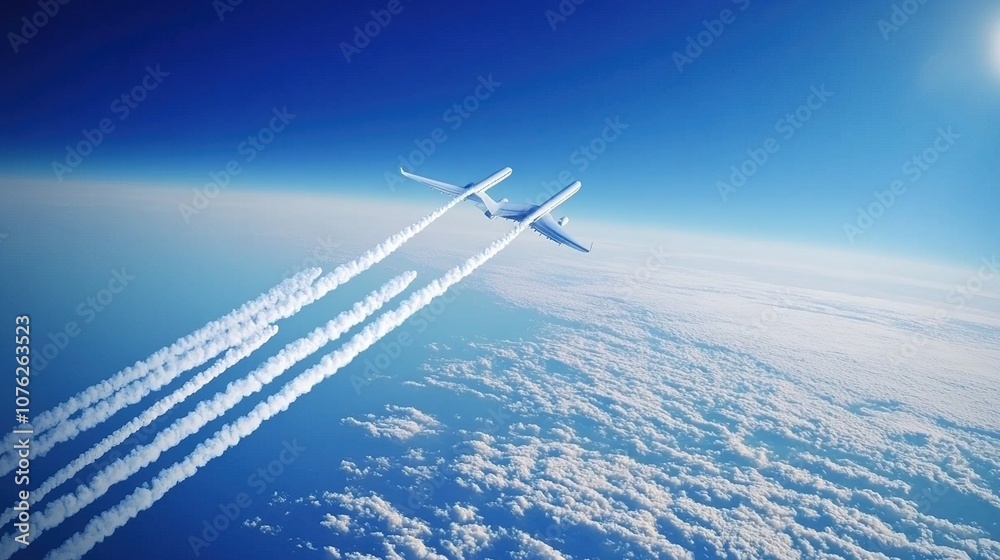 Aircraft releasing particles into the atmosphere, symbolizing environmental impact and the balance between technological advancement and ecological responsibility. Aircraft releasing particles into the atmosphere, symbolizing environmental impact and the balance between technological advancement and ecological responsibility.