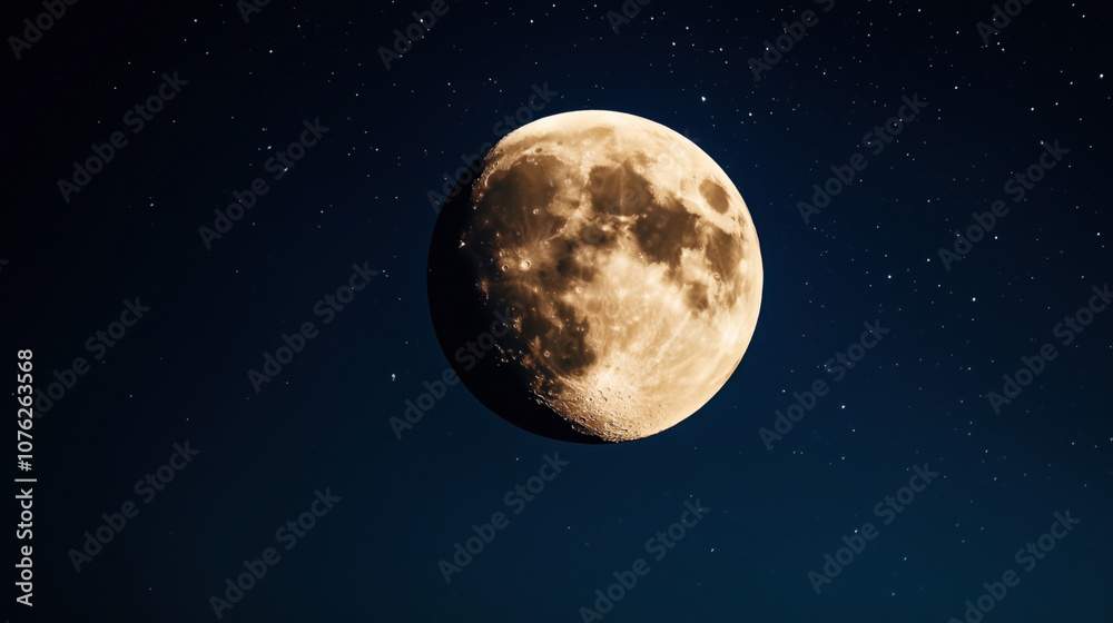 Obraz premium Detailed photograph of the moon with visible craters and lunar surface features against a star-filled night sky