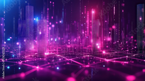  Futuristic digital landscape in neon purples and magentas, filled with geometric shapes floating in virtual space.