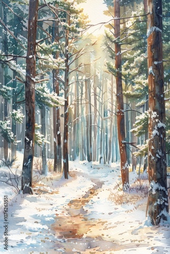 A tranquil winter forest pathway illuminated by soft sunlight filtering through tall pine trees, inviting peaceful strolls in the heart of nature