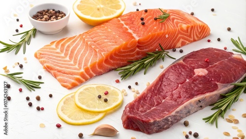 High-Definition Long Exposure of Fresh Sliced Salmon Trout and Steak on a White Background for Culinary Photography