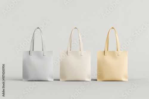 Three canvas tote bags mock up in gray, cream, and yellow showcase space for custom text or logos in a clean environment photo