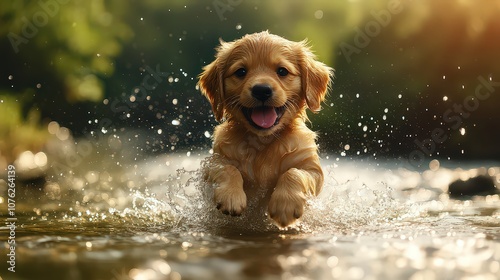  Playful puppy splashes in shallow river, sending droplets of water flying around.