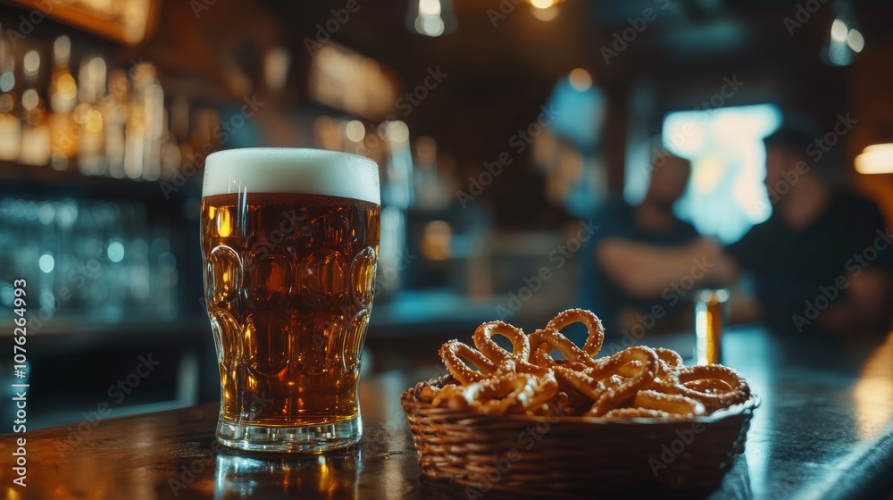A dark beer and snack setup featuring pretzels on a bar counter, with a man in the background enjoying his drink in a relaxed atmosphere A dark beer and snack setup featuring pretzels on a bar counter, with a man in the background enjoying his drink in a relaxed atmosphere