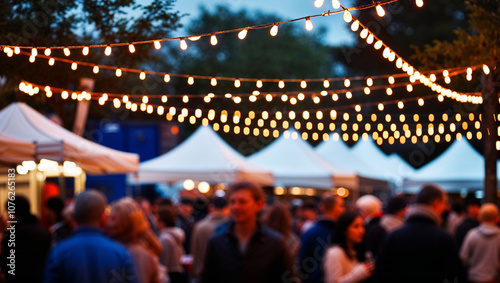 Festival market scene with hanging lights over interacting crowd