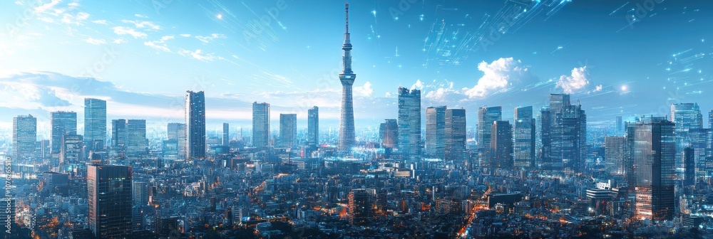Naklejka premium Futuristic Cityscape with Digital Lines Overlaying Tokyo Skyline