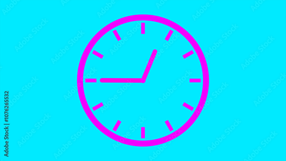 Analog pink clock icon with moving arrows in seamless 12 hour loop on sky blue background. Stopwatch animation. Analog pink clock icon with moving arrows in seamless 12 hour loop on sky blue background. Stopwatch animation.