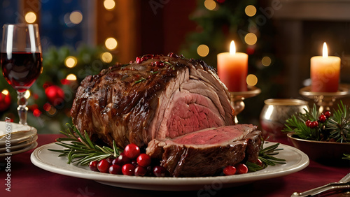 Christmas dinner table: prime rib roast and festive dishes decorated with cranberries and rosemary generative ai