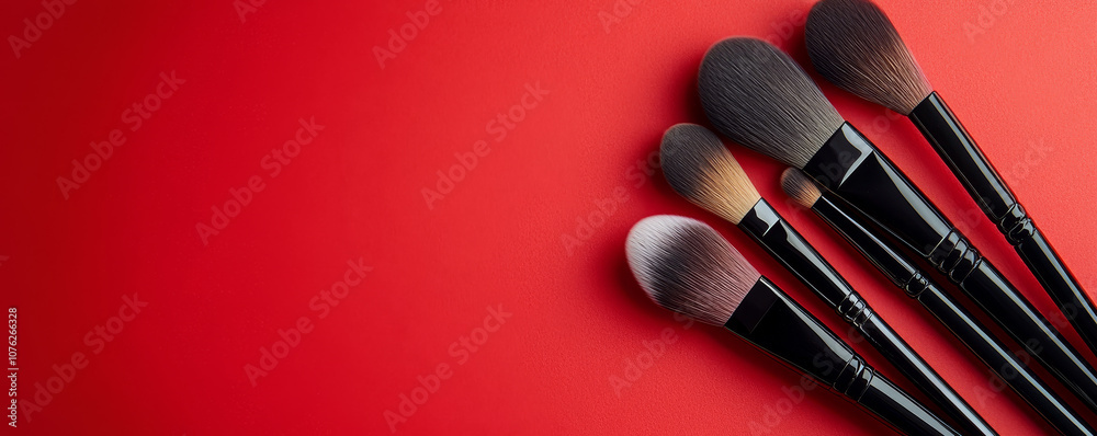 Black Makeup Brushes on Red Background Black Makeup Brushes on Red Background
