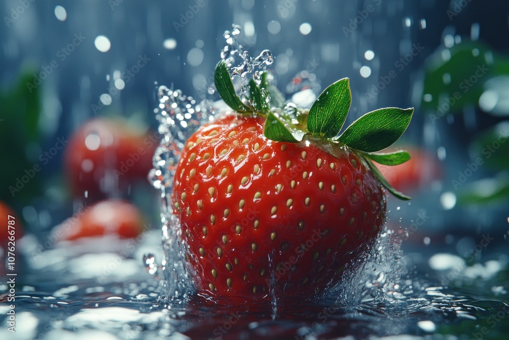 A Single Strawberry Splashing Into Water With Water Droplets Surrounding It A Single Strawberry Splashing Into Water With Water Droplets Surrounding It