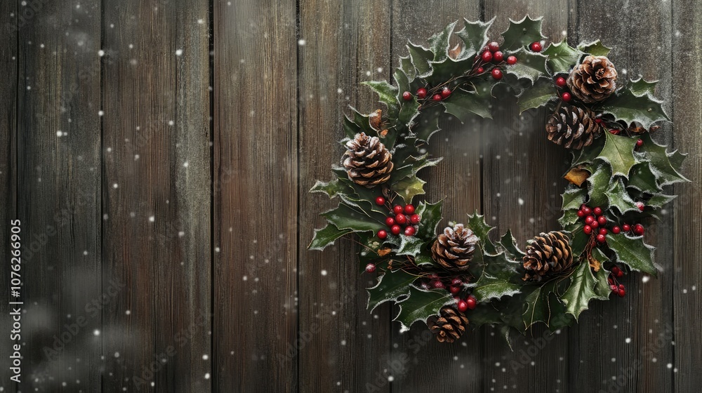 Fototapeta premium Beautiful festive Christmas wreath adorned with pinecones, winter berries, and lush holly leaves, set against a rustic wooden background with falling snowflakes.
