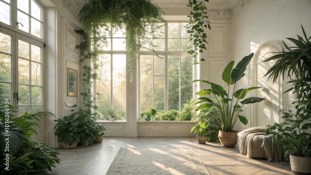 Minimalist Room Interior with Plants and Sunlight - 3D Double Exposure Photography for Serene Home Decor and Natural Aesthetics Minimalist Room Interior with Plants and Sunlight - 3D Double Exposure Photography for Serene Home Decor and Natural Aesthetics