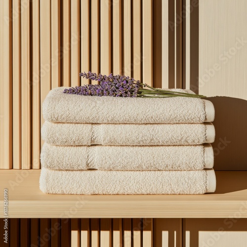 A stack of clean, folded towels with a sprig of lavender on top for relaxation and wellness. photo