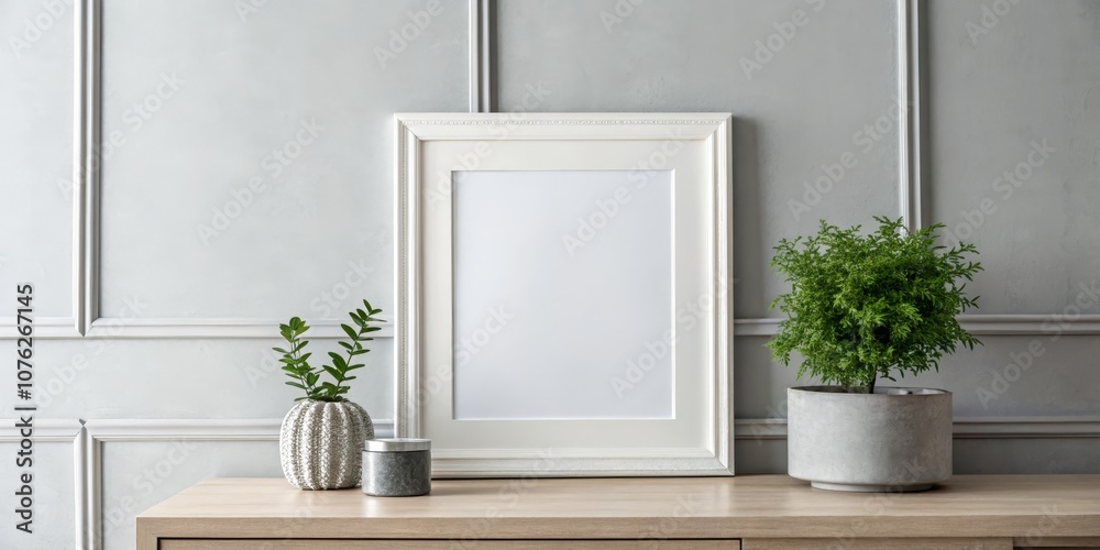 Minimalist Room with Empty White Frame, Gray Decor, and Plant - Tilt-Shift Photography for Clean and Modern Interior Design Minimalist Room with Empty White Frame, Gray Decor, and Plant - Tilt-Shift Photography for Clean and Modern Interior Design