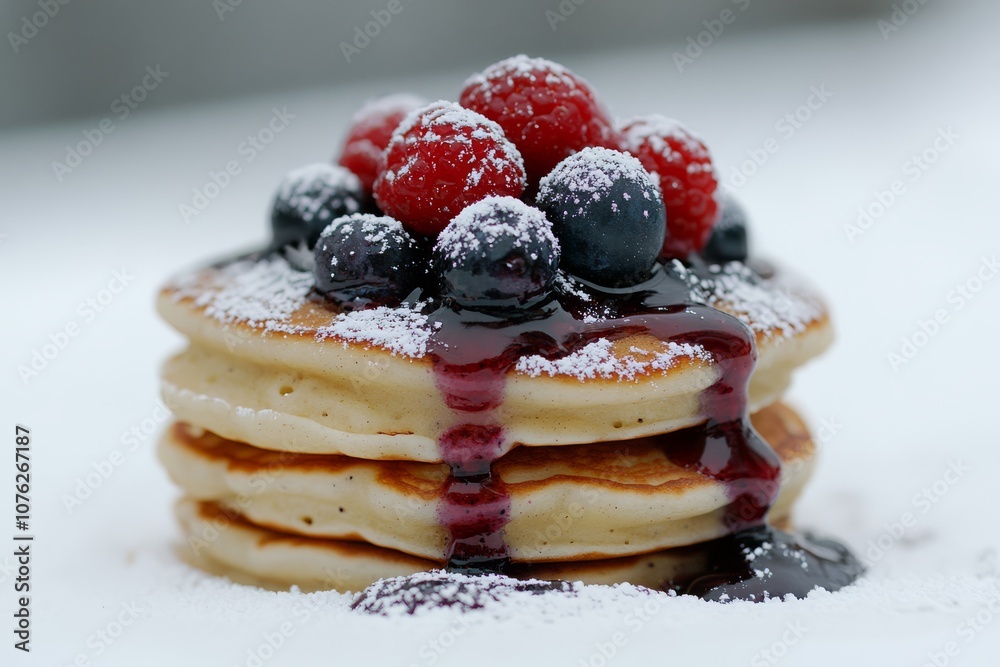 close up of a stack of fluffy blueberry pancakes with fresh berries and maple syrup. close up of a stack of fluffy blueberry pancakes with fresh berries and maple syrup.